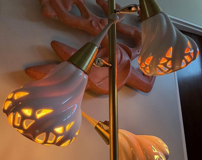 Vintage MCM 60s Brass Wood Floor Lamp Ceramic Shades Mid Century Modern Lighting