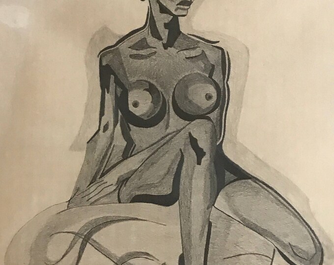 Amazing Vintage 60s Charcoal Nude Drawing Retro Art Mid Century Modern Naked Wall Hanging Sixties Stylized