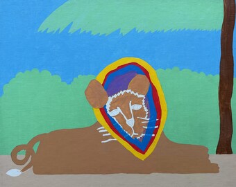 Vintage 70s Whimsical Abstract Lion Acrylic Painting Modern Art Wall Hanging Witt