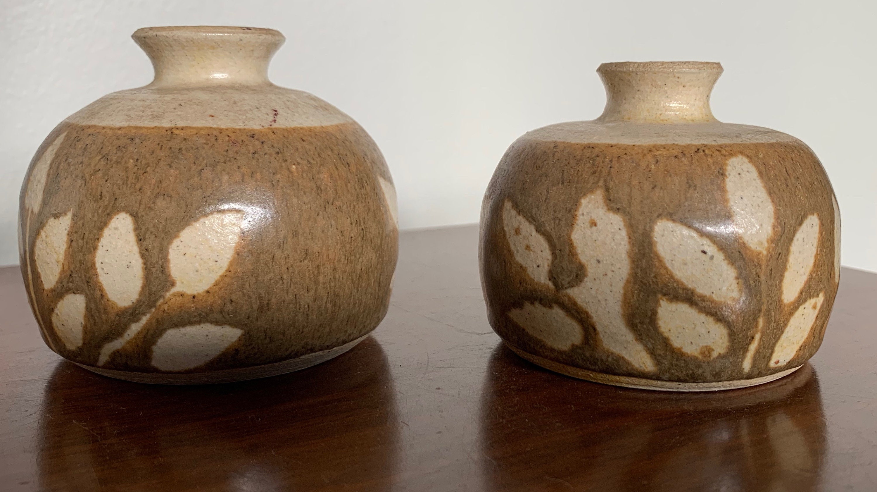 Pair Rounded Vintage Stoneware Studio Pottery Vases Vessels Mid Century