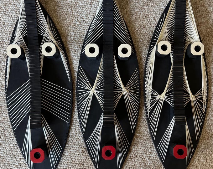 Vintage MCM Tiki / Tribal Sculptural Heads Wood String Art Mid Century 1960s