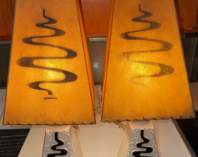 Vintage MCM Ceramic Lamps Fiberglass Shades Mid Century Modern Lighting 1950s