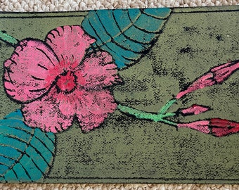 Nice Small Vintage Floral Flower Ink Acrylic Mixed Media Print Modern Art Wall Hanging