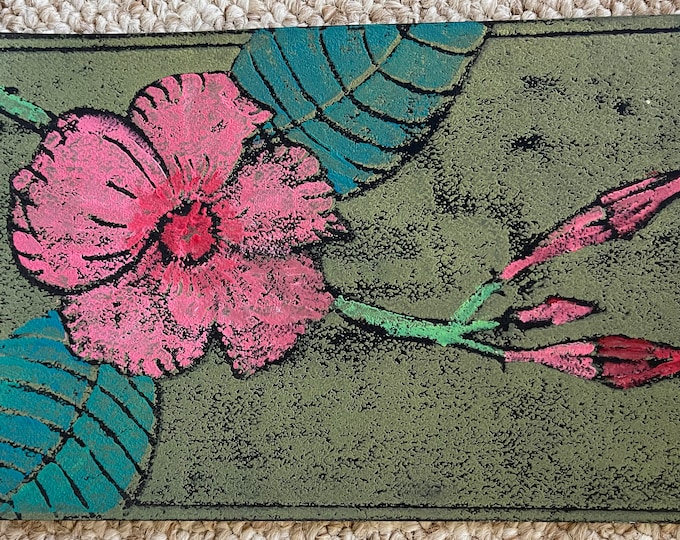 Nice Small Vintage Floral Flower Ink Acrylic Mixed Media Print Modern Art Wall Hanging