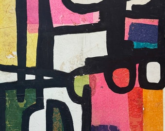 Abstract Shapes Vintage Mixed Media Painting 1960s Mid Century Modern Art MCM