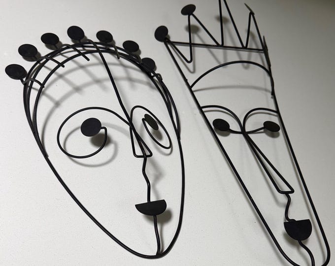 Vintage MCM Metal King Queen Sculptural Masks Mid Century Modern 50s Weinberg Style