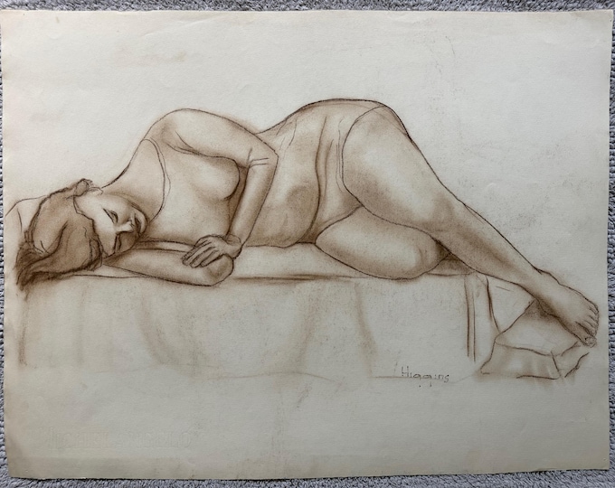 Vintage Woman Posing Charcoal Drawings Illustration Modern Art Signed Higgins 20