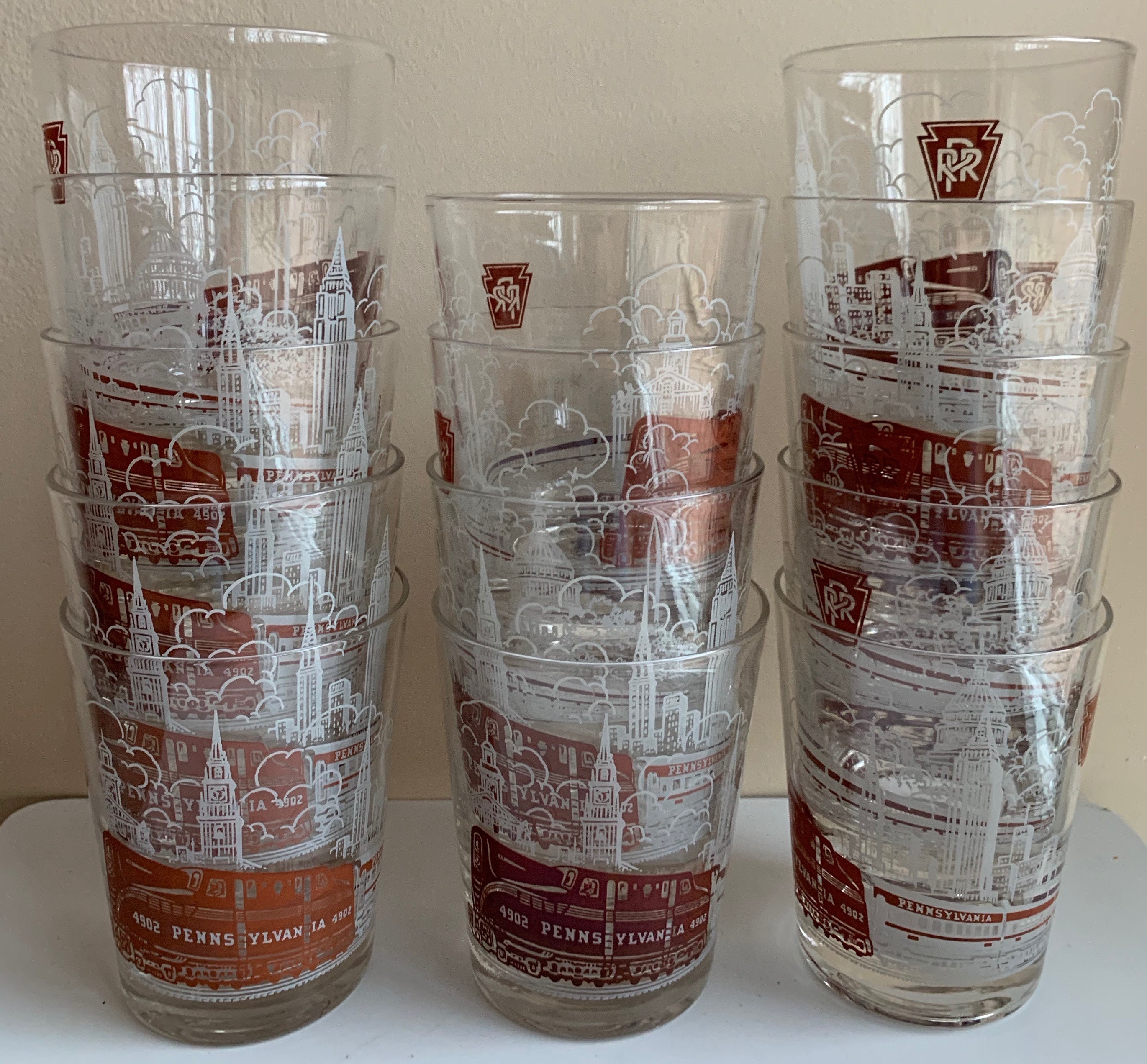 Vintage Brown White Pennsylvania Railroad Drinking Glass Train Libbey