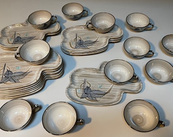 Vintage Craftsman China Hostess Set Cups Plates Amoeba Floral Japan 24 pcs MCM