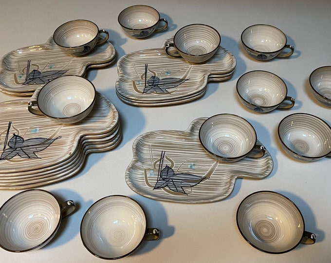 Vintage Craftsman China Hostess Set Cups Plates Amoeba Floral Japan 24 pcs MCM