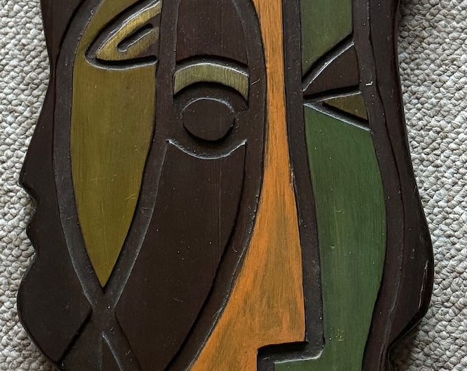 Vintage Sculptural Abstract Heads Carved Wood Wall Art MCM Modern Mid Century