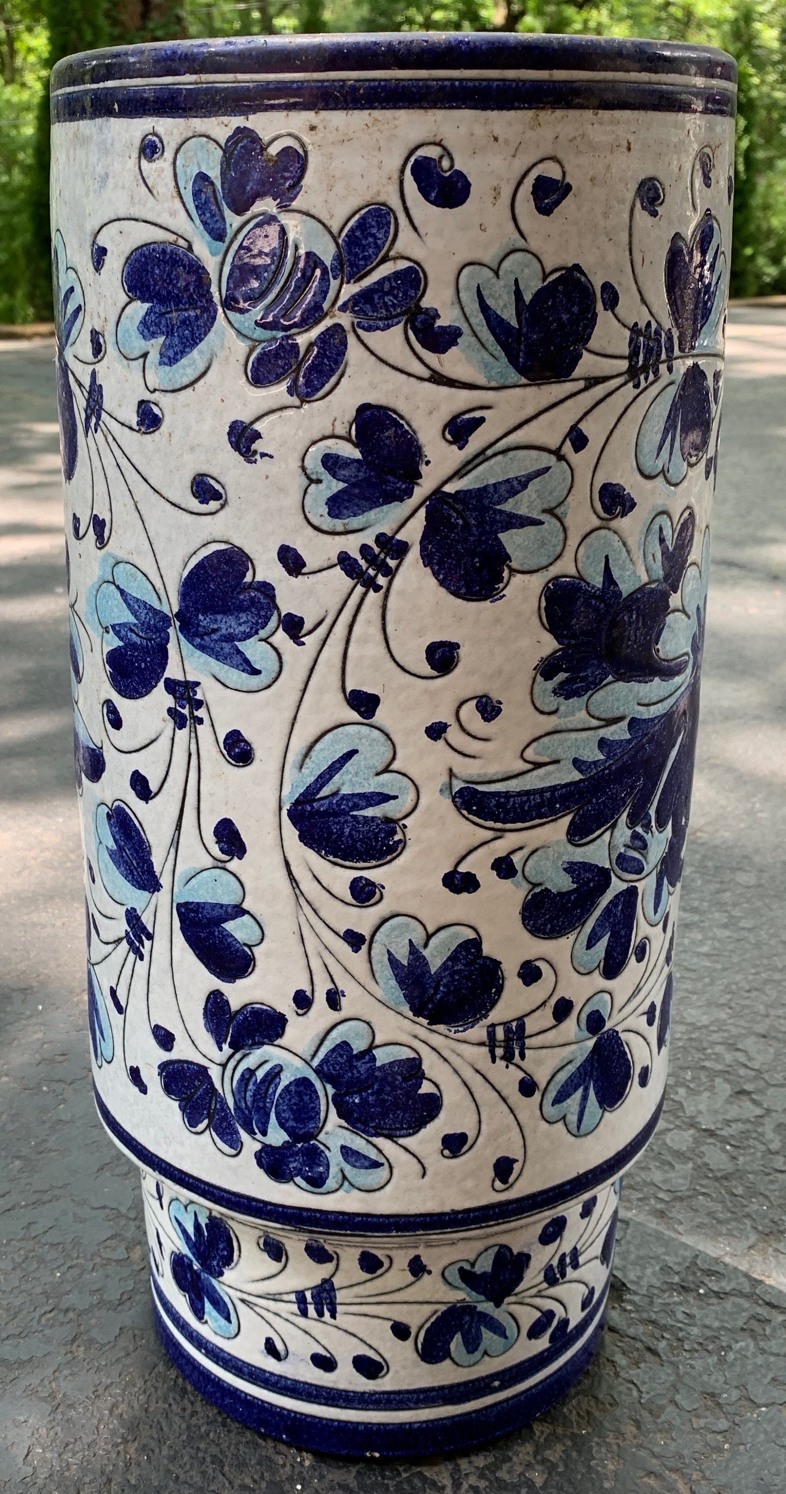 Large Tall Vintage Blue White Cylindrical Floral Ceramic Pottery Urn