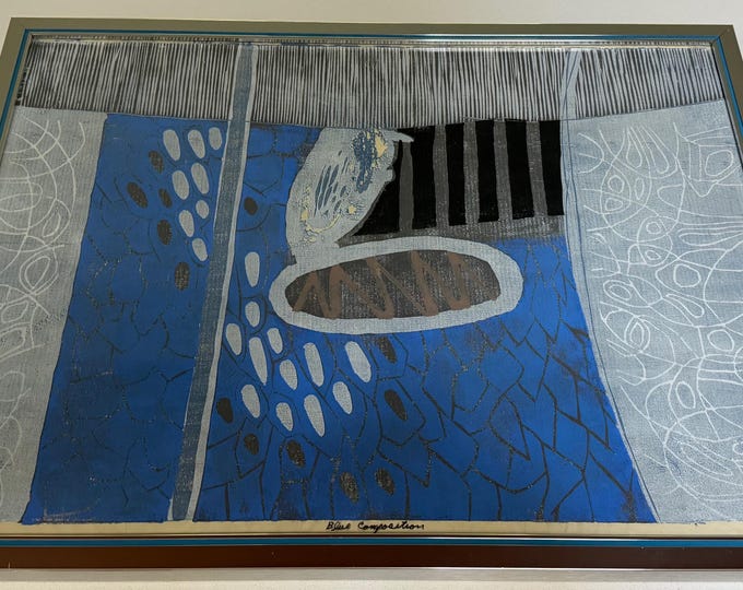 Vintage Abstract Woodblock Print Blue Composition Modern Art Signed James Kirby