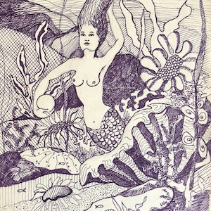 May include: A black and white pen and ink drawing of a mermaid with long flowing hair, sitting amongst stylized coral and seaweed. The mermaid is holding a pearl in her left hand. The drawing is signed "Joann Yopers 70" in the bottom right corner.
