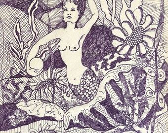 Dibujo a tinta de sirena acuática detallada vintage de los años 80, arte retro moderno firmado por Yoders