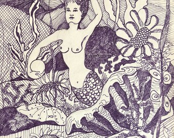 Vintage 80s Detailed Aquatic Mermaid Ink Drawing Retro Art Modern Signed Yoders