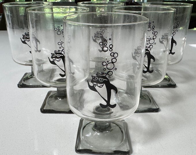Vintage Starkist Charlie Tuna Clear Glasses Drinkware Fish 1970s Set of Six