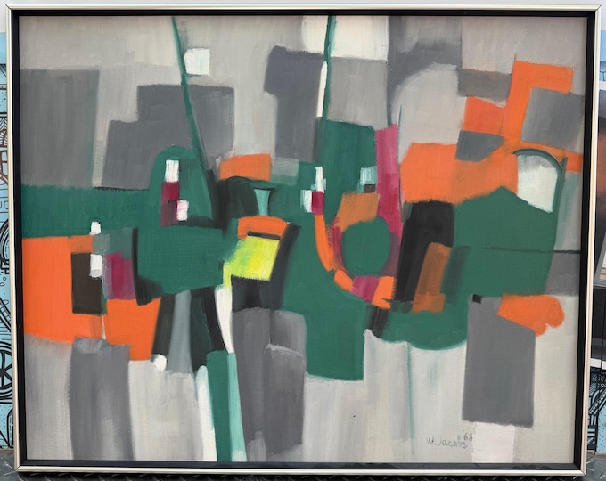 Vintage Abstract MCM Painting Mid Century Modern Art Signed William Jacobs 1960s