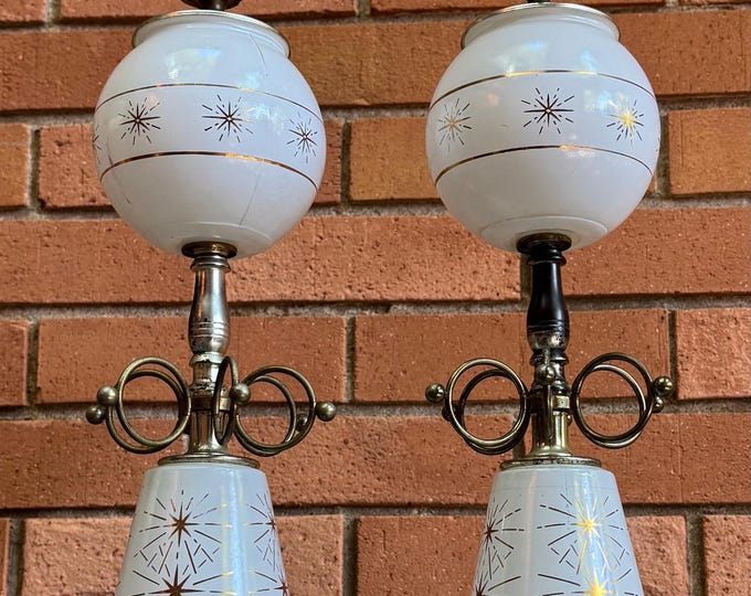 Vintage 1950s MCM Atomic Starburst Milk Glass Brass Lamps Mid Century Modern Lighting