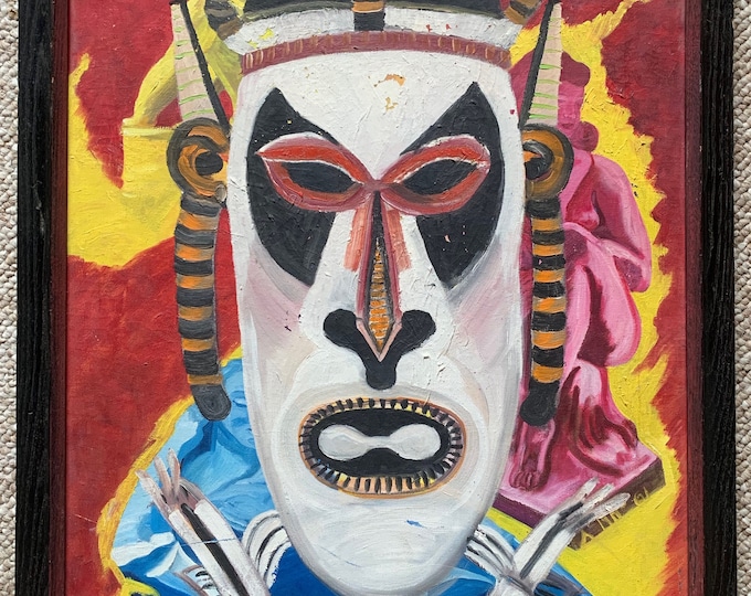 Vintage 60s Tiki Tribal Mask Oil Painting Wall Hanging Mid Century Modern Atomic Era