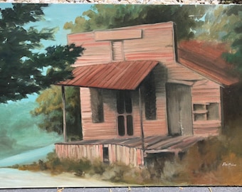 Vintage 70s Country Home House Shack Painting Art Retro Modern Signed Wall Hanging Seventies