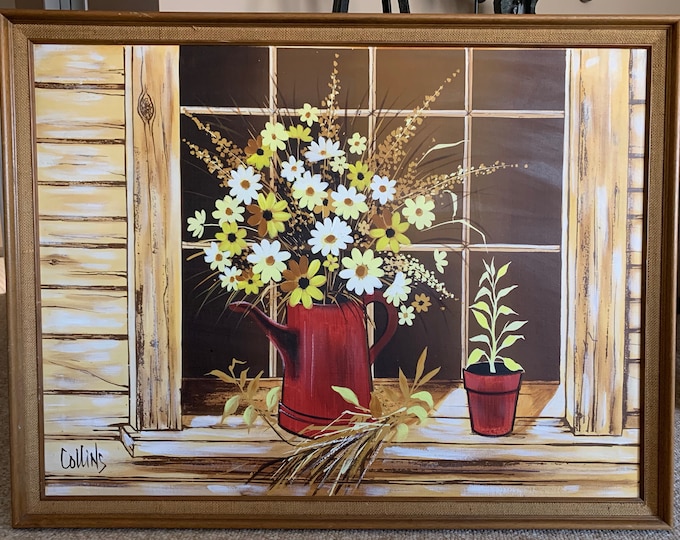 Large Framed Vintage 60s 70s Shabby Chic Floral Country Still Life Painting Art Wall Hanging Signed Collins