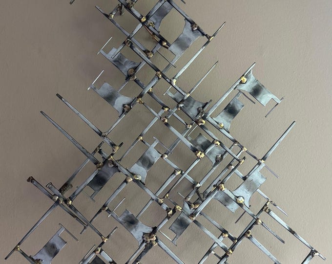 Vintage Abstract Metal Brutalist Sculpture Wall Hanging Modern Art Signed 1980s