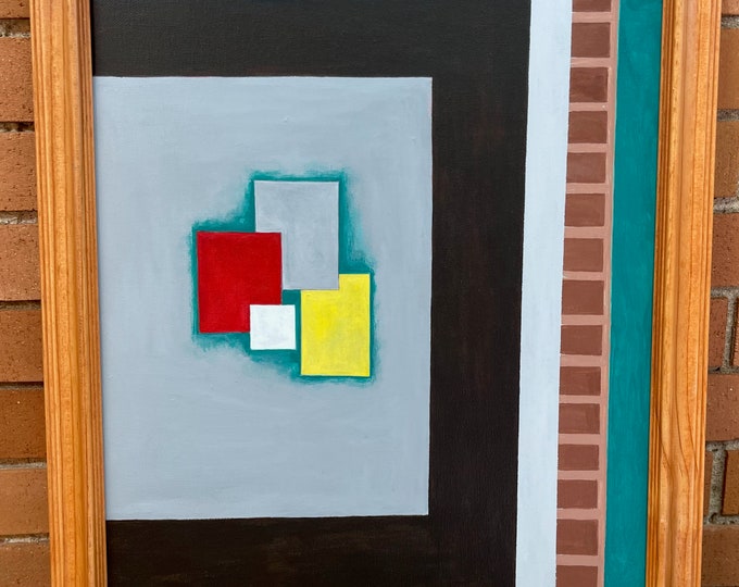Vintage 70s 80s Geometric Shapes Abstract Painting Art Wall Hanging Signed REM Menges The Big Box