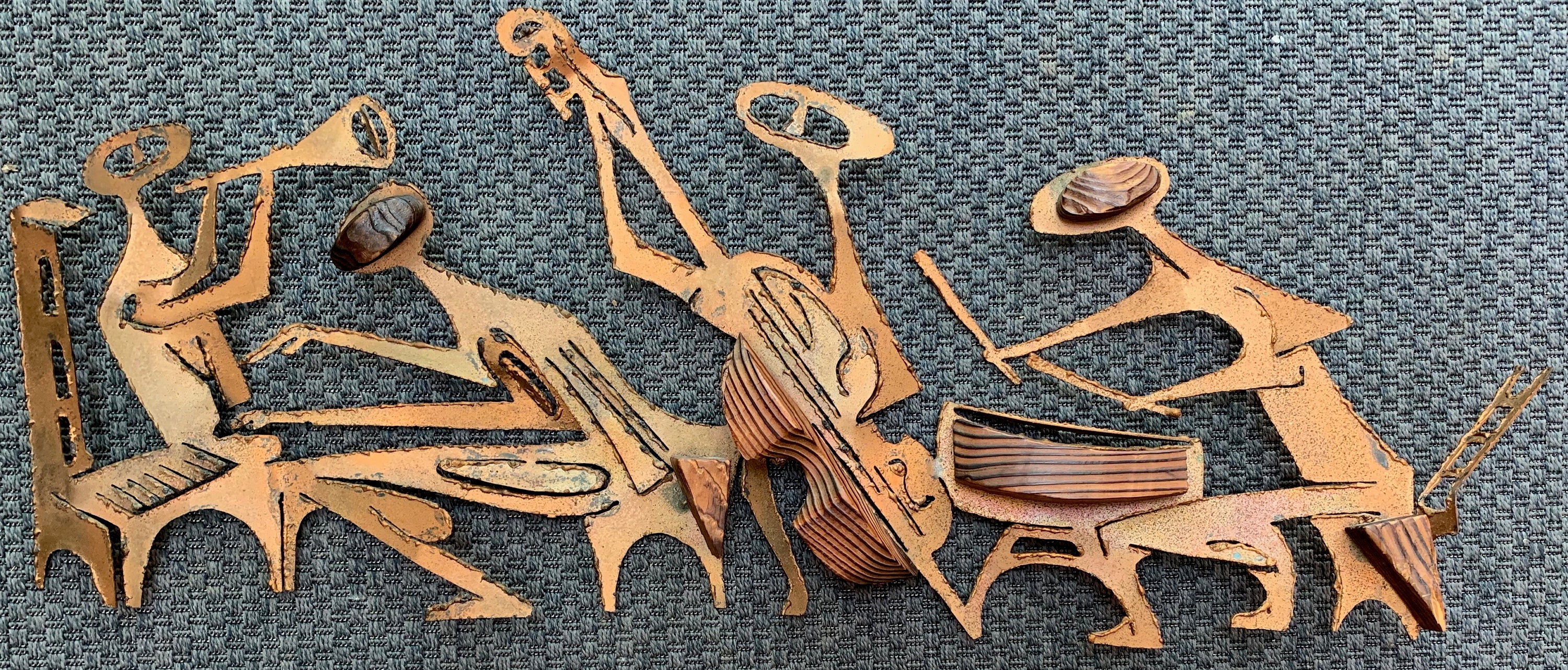 Vintage 60s Abstract Metal Wood Wilrongo Band Musicians Sculpture Wall
