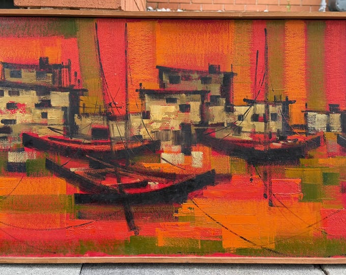 Vintage MCM Abstract Nautical Landscape Painting Mid Century Modern Art Signed 60s