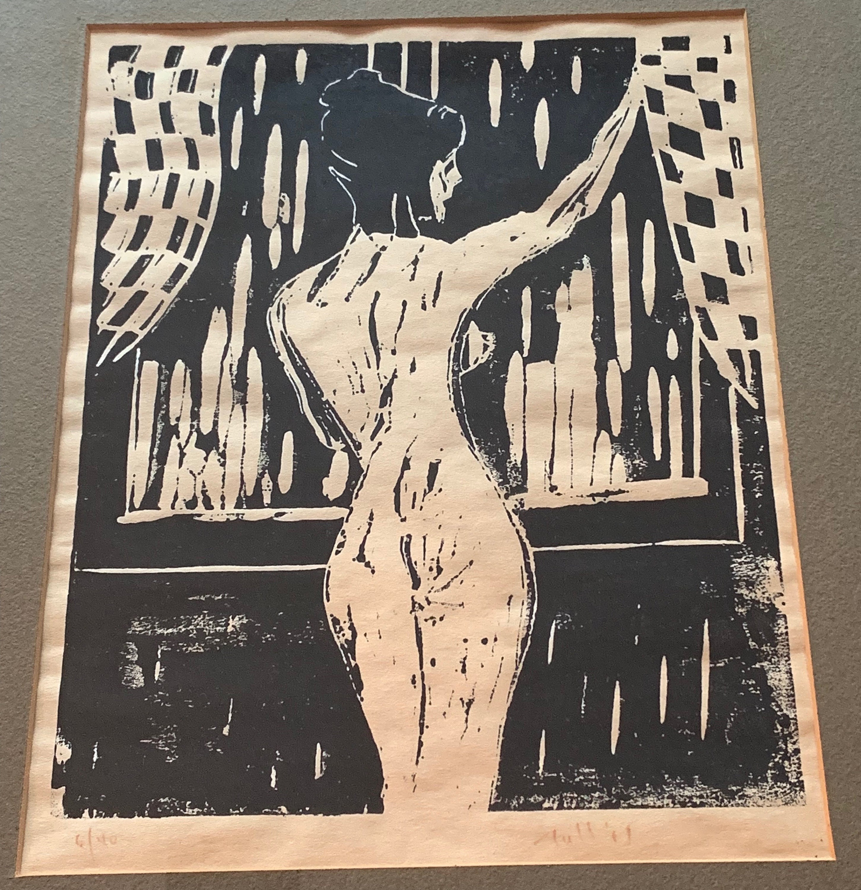 Vintage 60s Nude Naked Woman Woodblock Painting Mid Century Modern Wall  Hanging Art