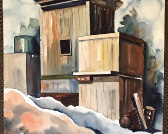 Vintage Rustic Watercolor Painting Retro Art Wall Hanging Signed Lauchner