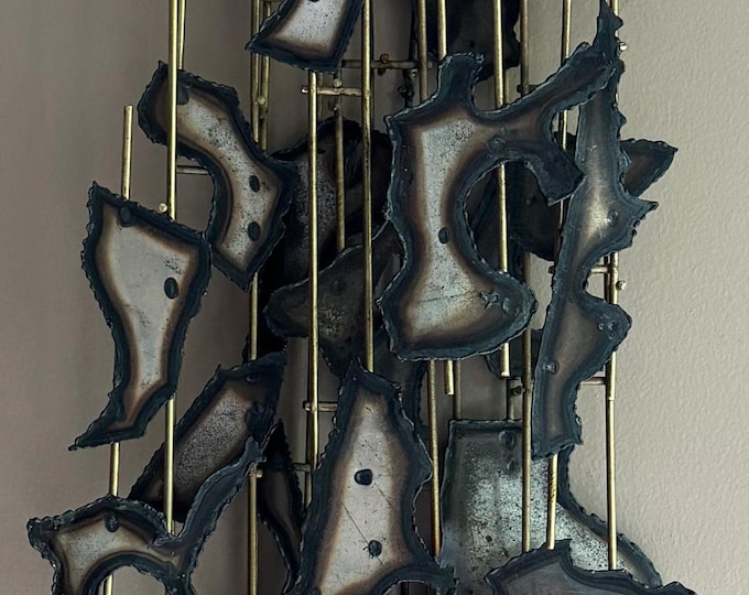 Vintage 70s Sculptural Brutalist Metal Torch Cut Wall Hanging Mid Century Signed Roberts