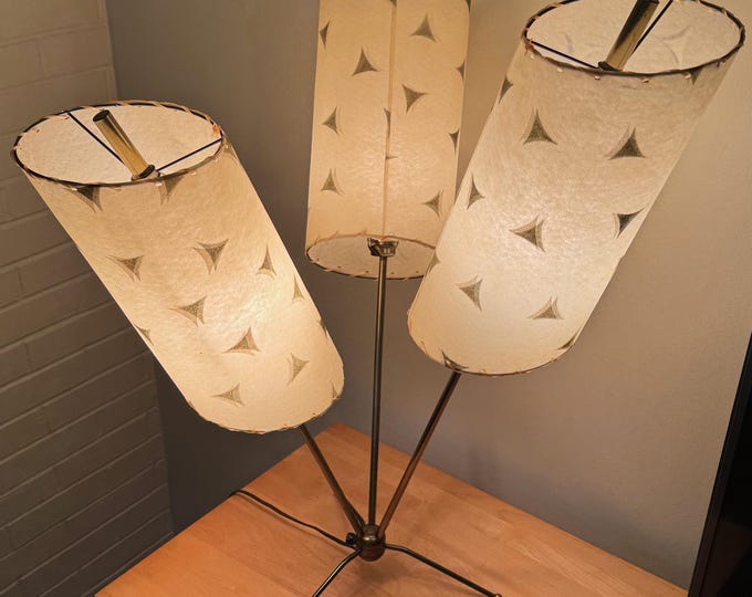 Vintage MCM Atomic Tripod Lamp Fiberglass Shades Mid Century Modern Lighting 50s