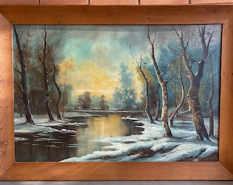 Vintage Winter Landscape Litho Print Canvas Art Wall Hanging Signed Cardi Framed