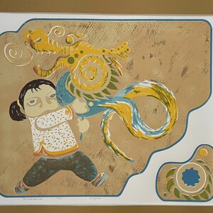 May include: A colorful illustration of a girl holding a yellow and blue dragon. The dragon is stylized and has a swirling tail. The girl is wearing a white shirt with a yellow collar and blue pants. The background is a light brown color.