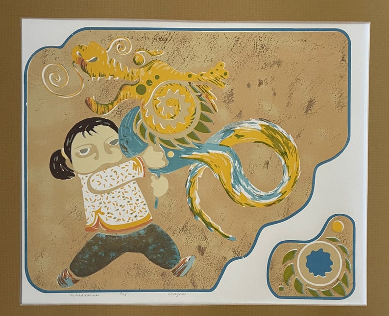 May include: A colorful illustration of a girl holding a yellow and blue dragon. The dragon is stylized and has a swirling tail. The girl is wearing a white shirt with a yellow collar and blue pants. The background is a light brown color.