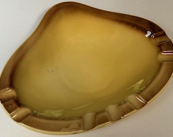 Vintage MCM HULL Ceramic Ashtray Yellow Brown Mid Century Modern Tobacciana 60s