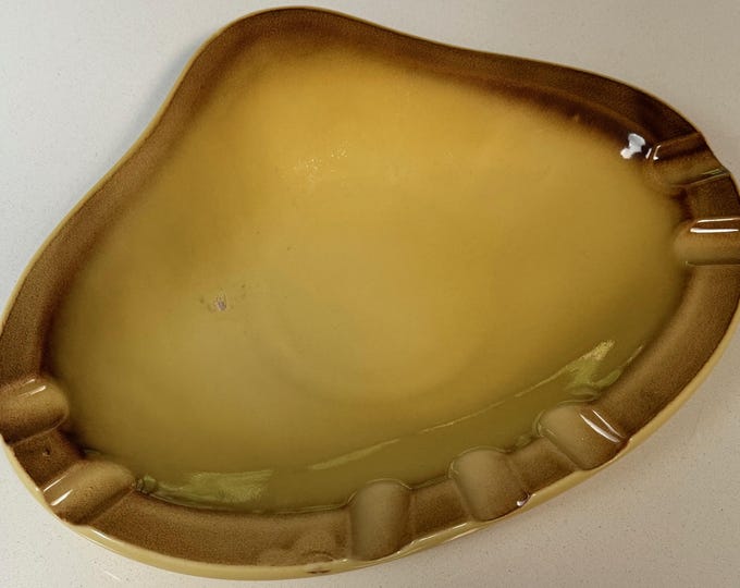 Vintage MCM HULL Ceramic Ashtray Yellow Brown Mid Century Modern Tobacciana 60s
