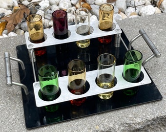 Vintage Colored Shot Glass Set w/Carrying Tray E.P. Marof Mid Century Modern MCM
