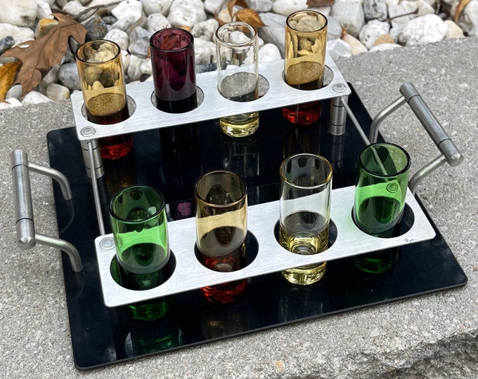 Vintage Colored Shot Glass Set w/Carrying Tray E.P. Marof Mid Century Modern MCM