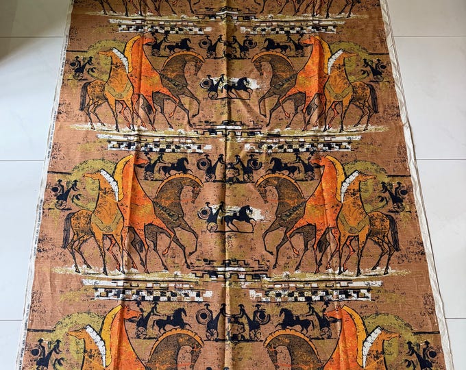 Vintage MCM 60s TIBOR REICH Etruscan Horses Linen Fabric Textile Mid Century Modern