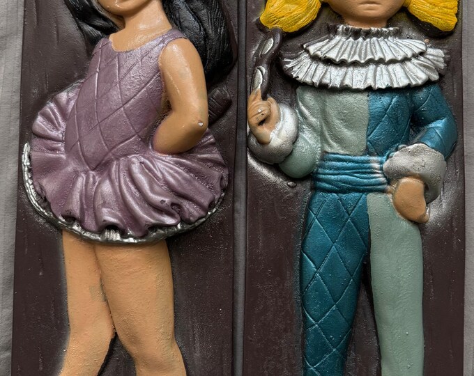 Vintage 1960's Ballerina Harlequin Sad Eye Girl Plaster Wall Plaques Mid Century Kitsch