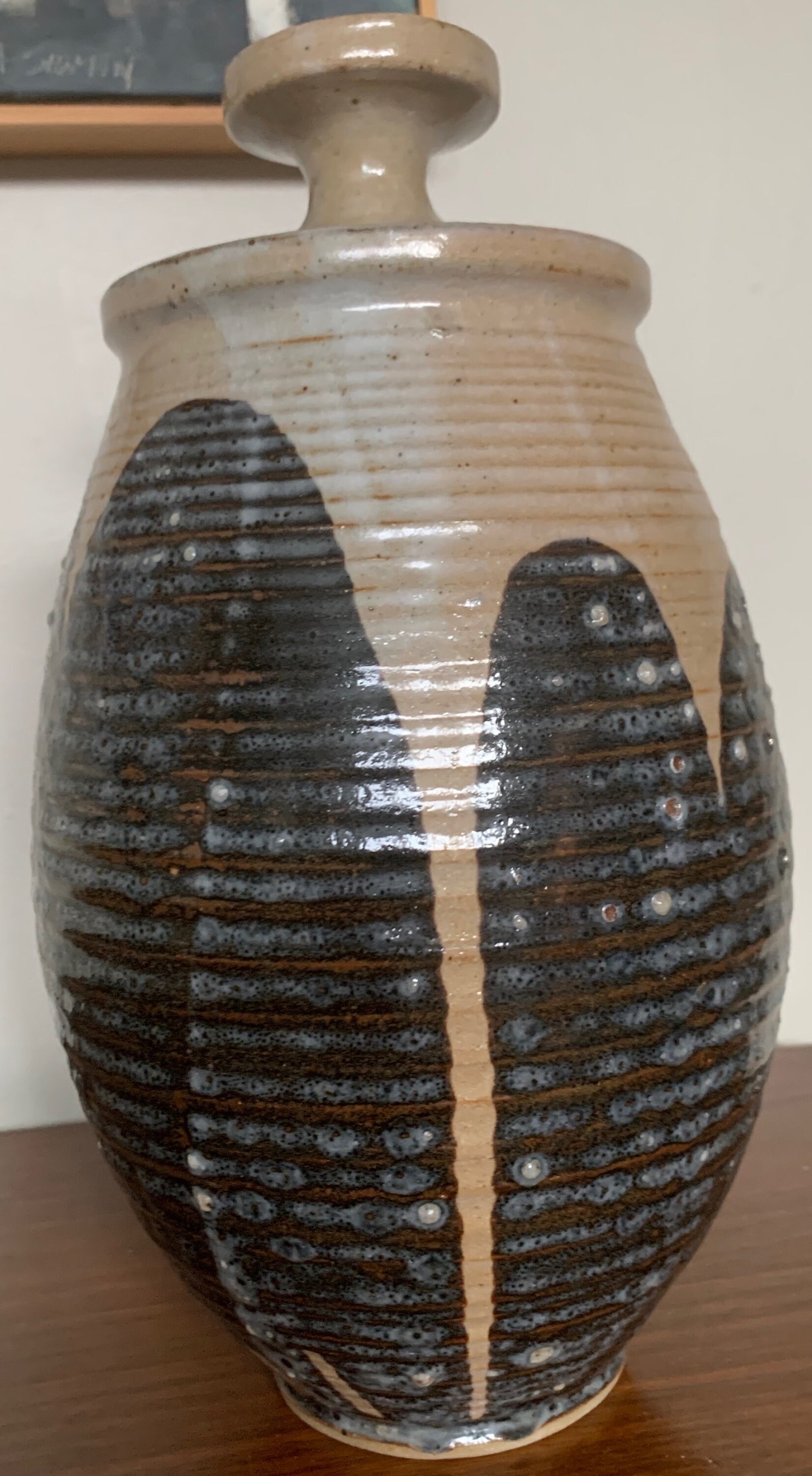 Vintage 60s Ribbed Stoneware Vase Jug Vessel Urn w/ Lid Mid Century Modern Studio Pottery Signed