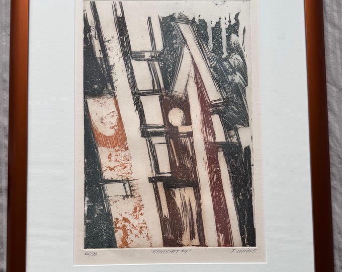 Vintage John Chious Etching Print Abstract Modern Art Signed Framed Retrospect #4