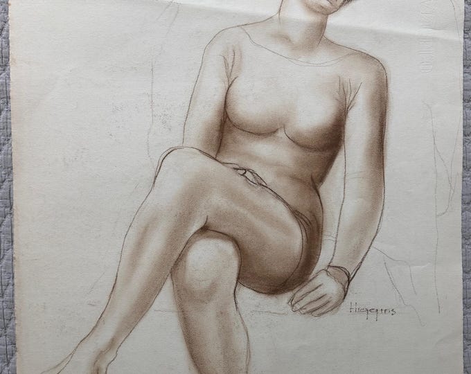Vintage Figural Woman Charcoal Drawing Illustration Modern Art Signed Higgins 12 (Double-Sided)
