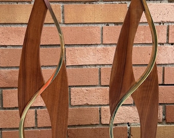 Pair Vintage MCM Brass Wood Walnut Lamps Mid Century Modern Lighting 50s 60s