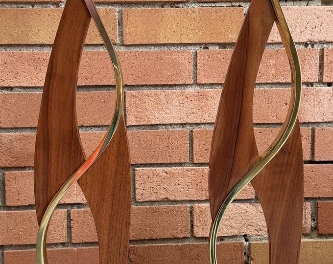 Pair Vintage MCM Brass Wood Walnut Lamps Mid Century Modern Lighting 50s 60s