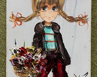 Vintage 1970s Big Eye Girl Oil Painting Modern Art Kitsch Wall Hanging Signed