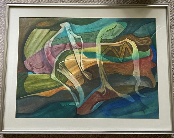 Colorful Vintage 1980s Abstract Watercolor Painting Modern Art Wall Hanging William Fett Texas